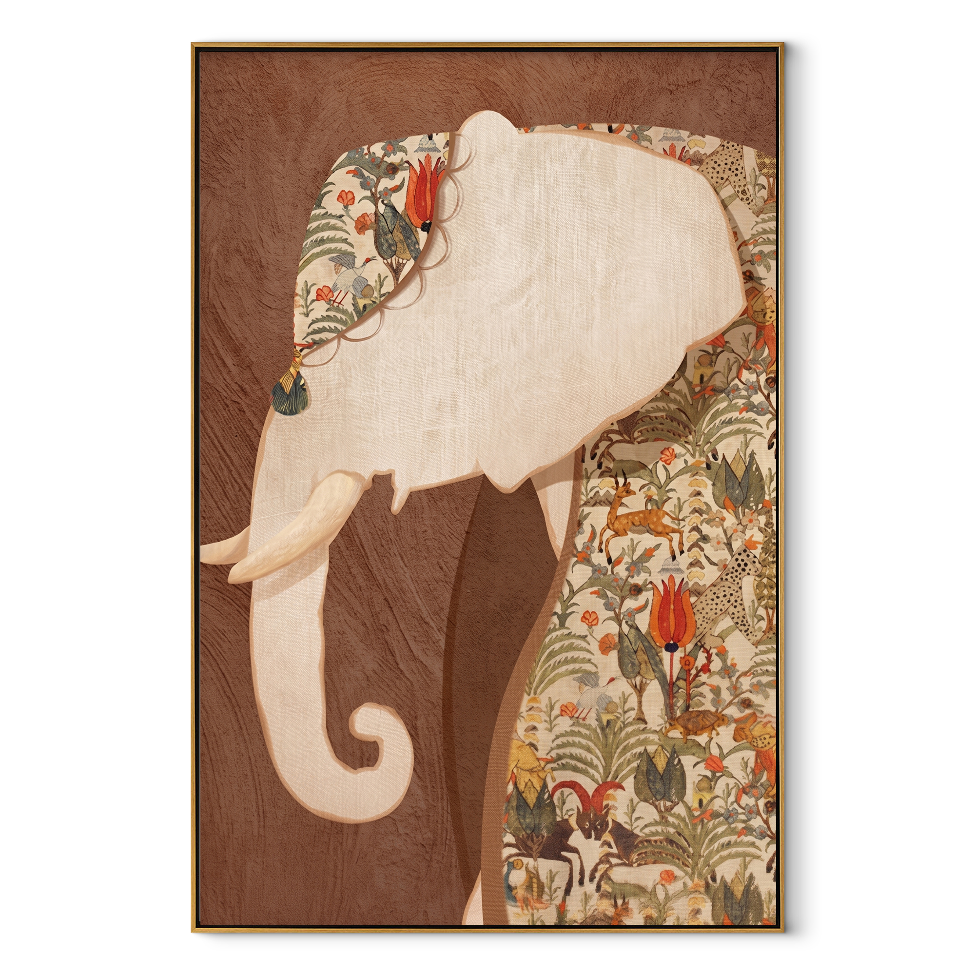 Elephant Carries Painted Garden textured figurative painting, vertical canvas artwork