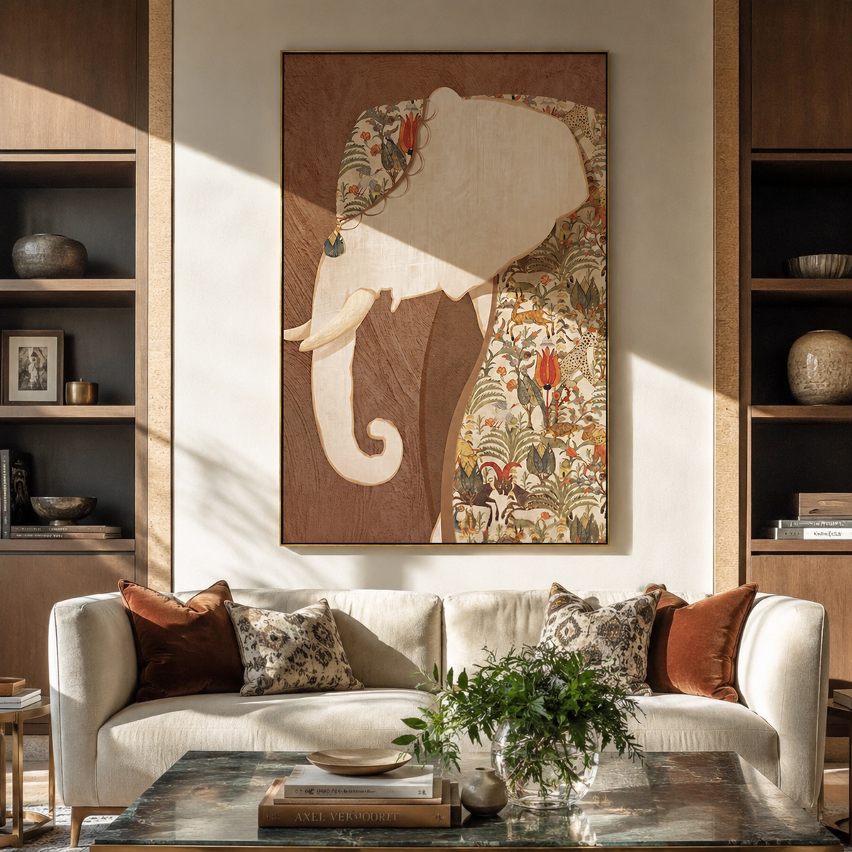 Elephant Carries Painted Garden styled with neutral modern furnishings