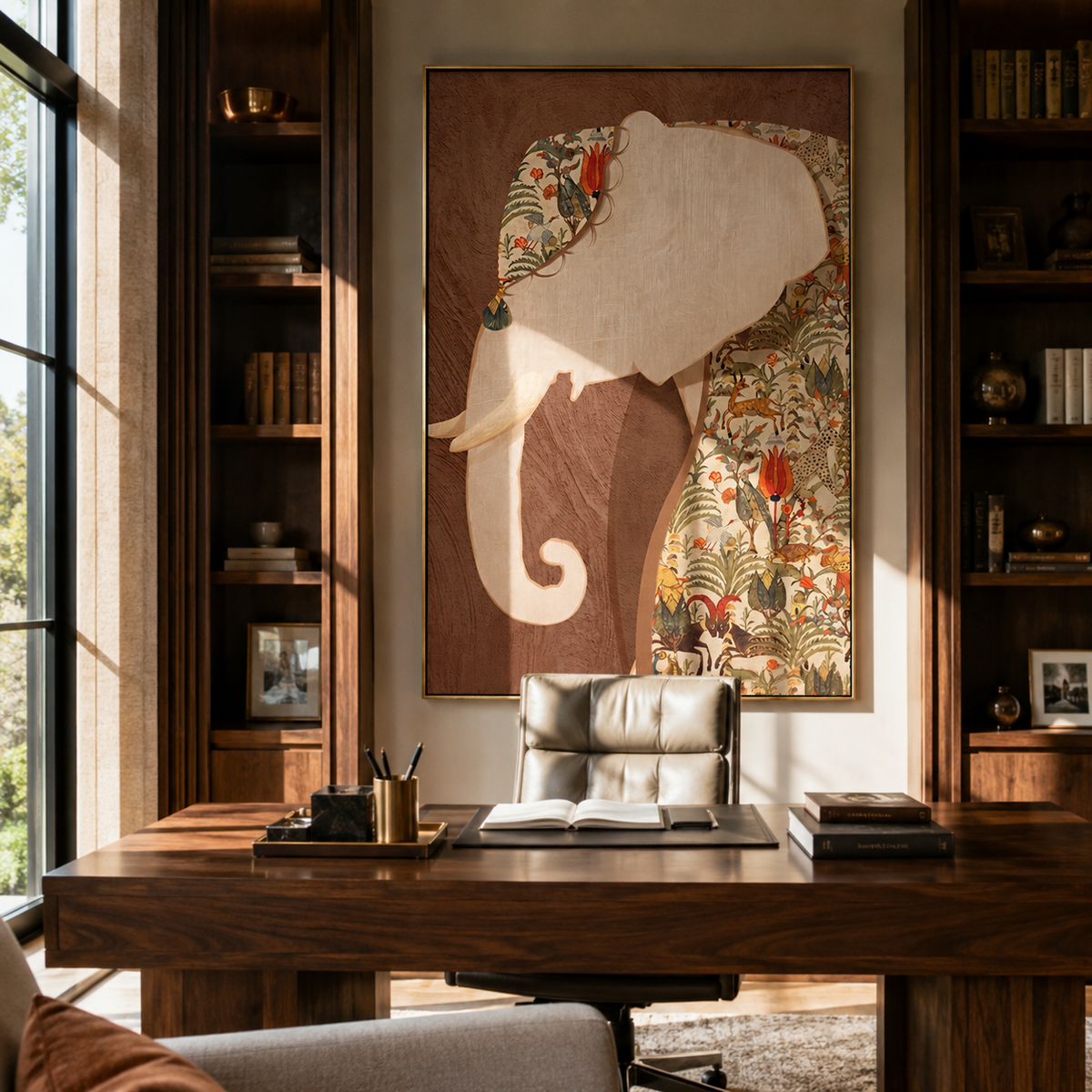 Elephant Carries Painted Garden presented above a contemporary console