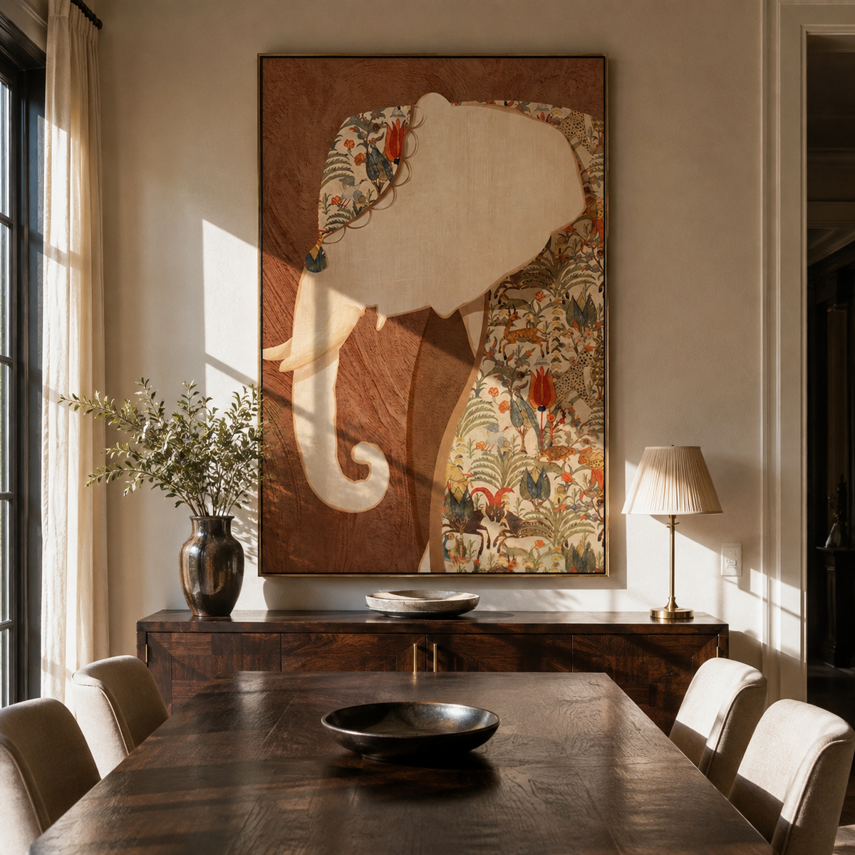 Elephant Carries Painted Garden displayed as a Retro Modern room focal point