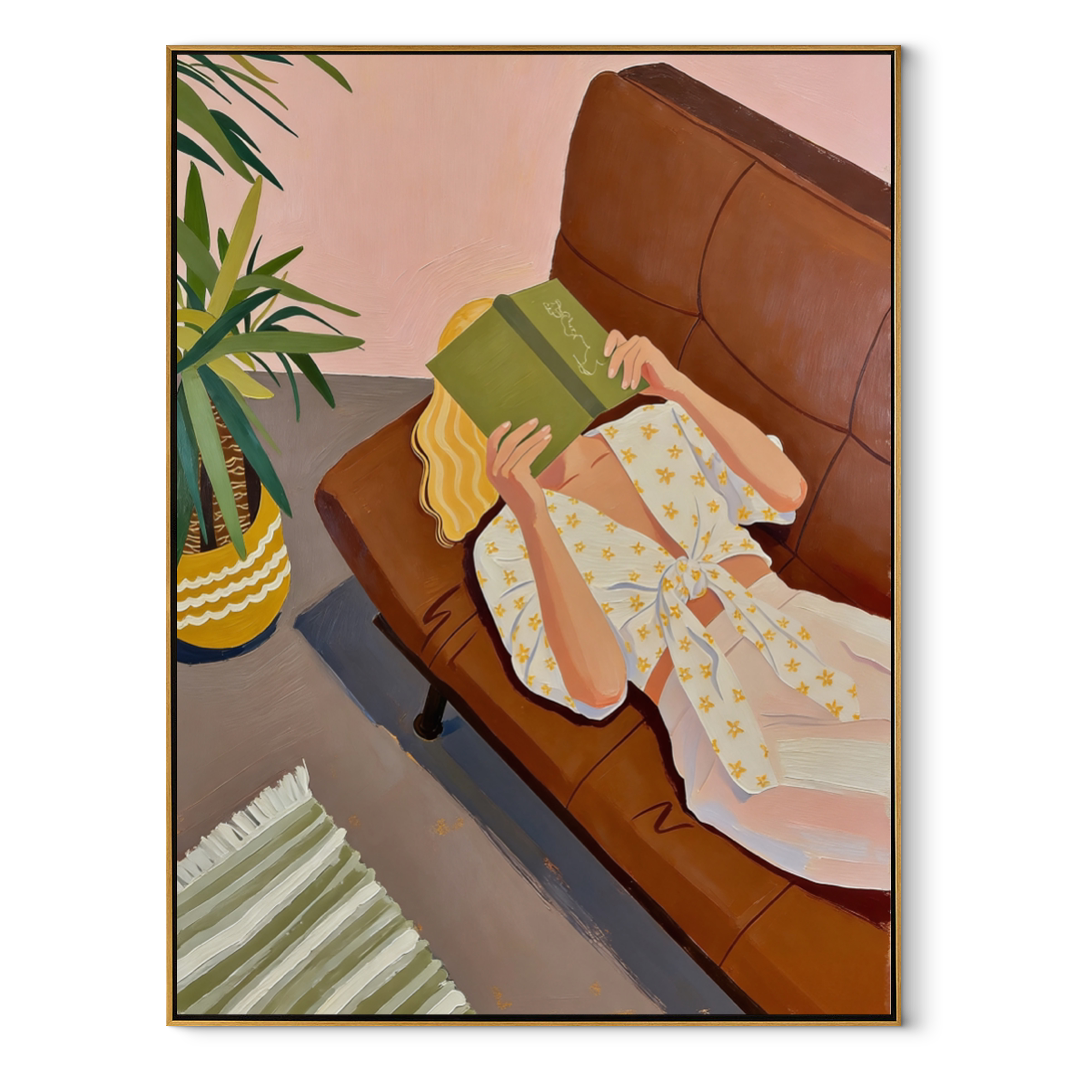 Green Reader Holds Geometry textured figurative painting, vertical canvas artwork