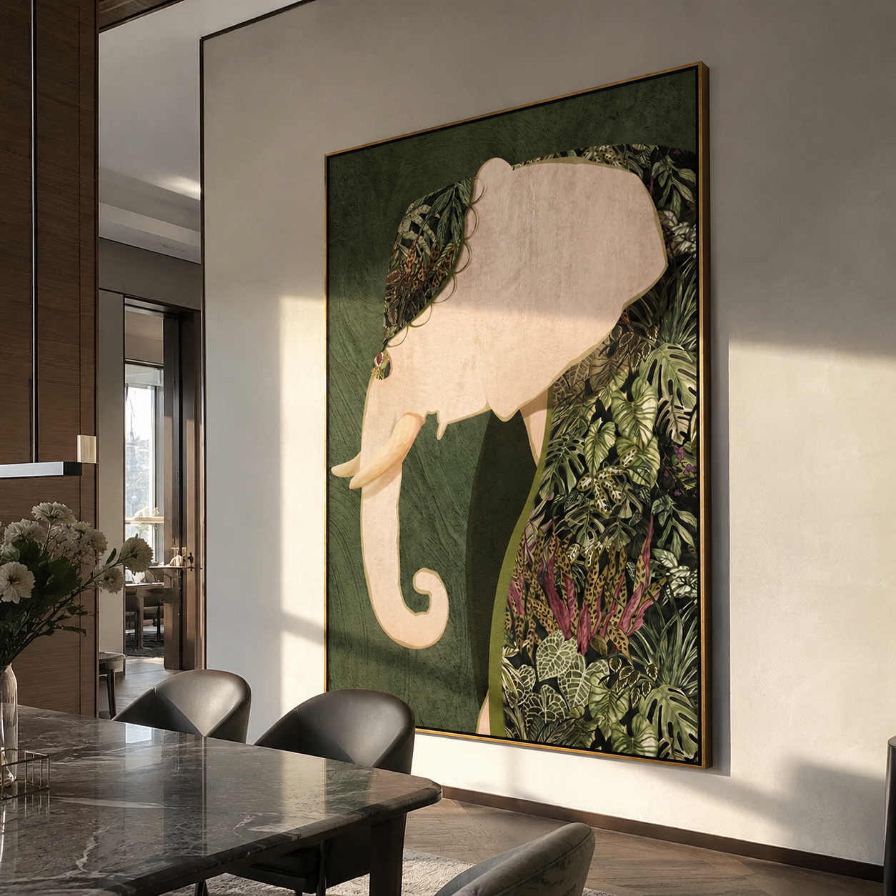 Botanical Elephant Keeps Watch styled in a layered residential interior
