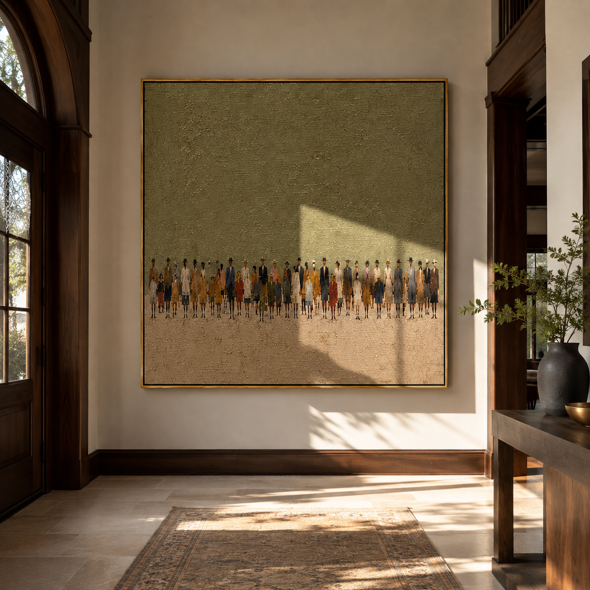 Small Figures Meet Horizon displayed in a warm contemporary interior