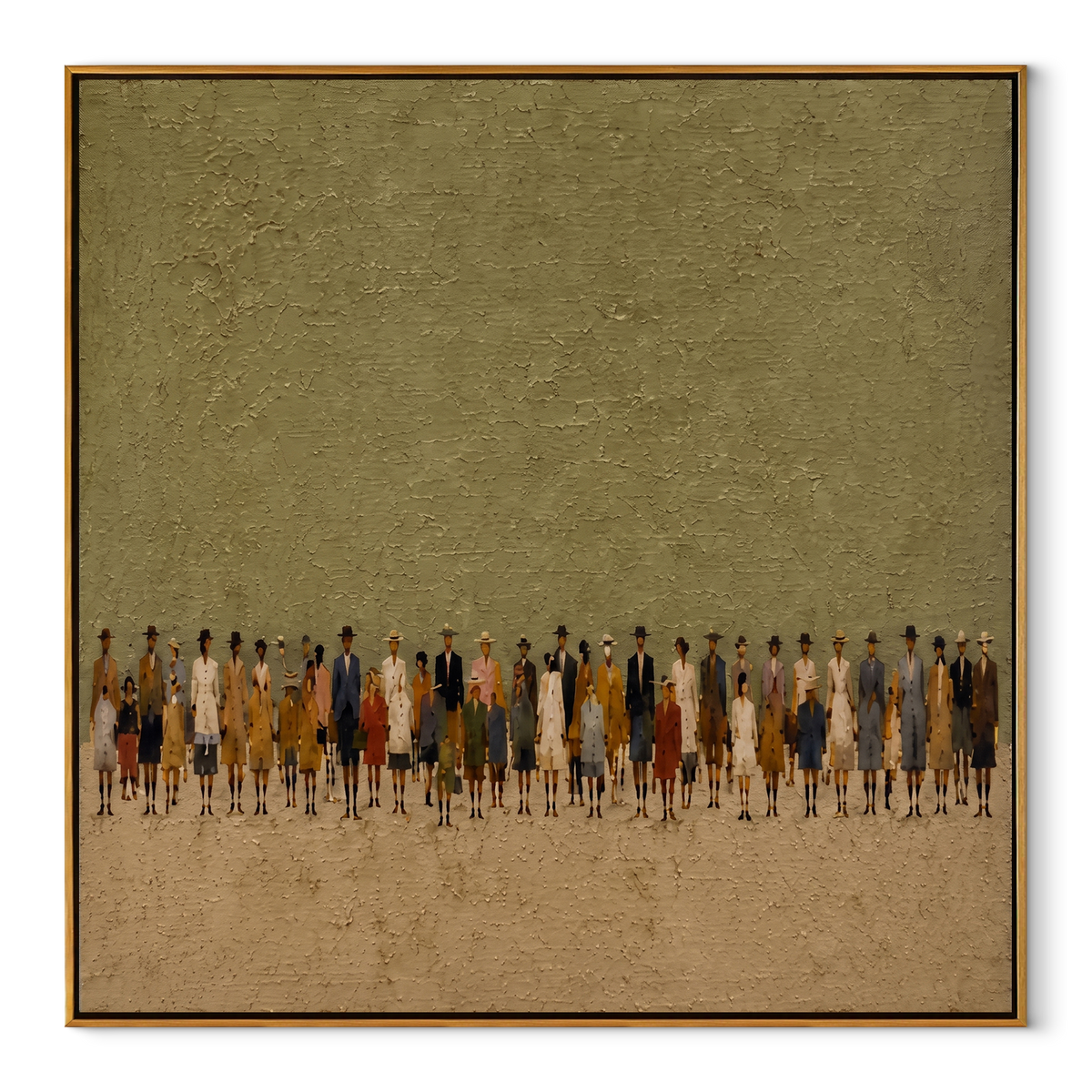 Small Figures Meet Horizon textured figurative painting, square canvas artwork