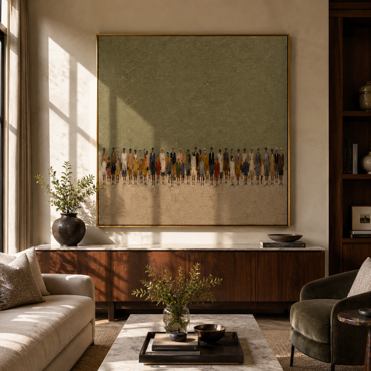 Small Figures Meet Horizon presented above a contemporary console