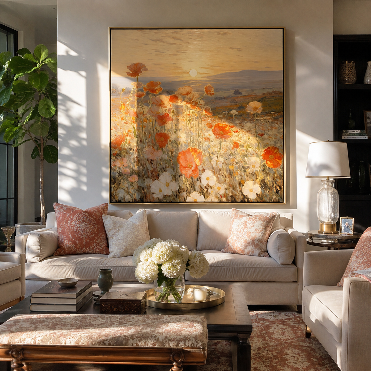Orange Flowers Mark Distance displayed in a warm contemporary interior