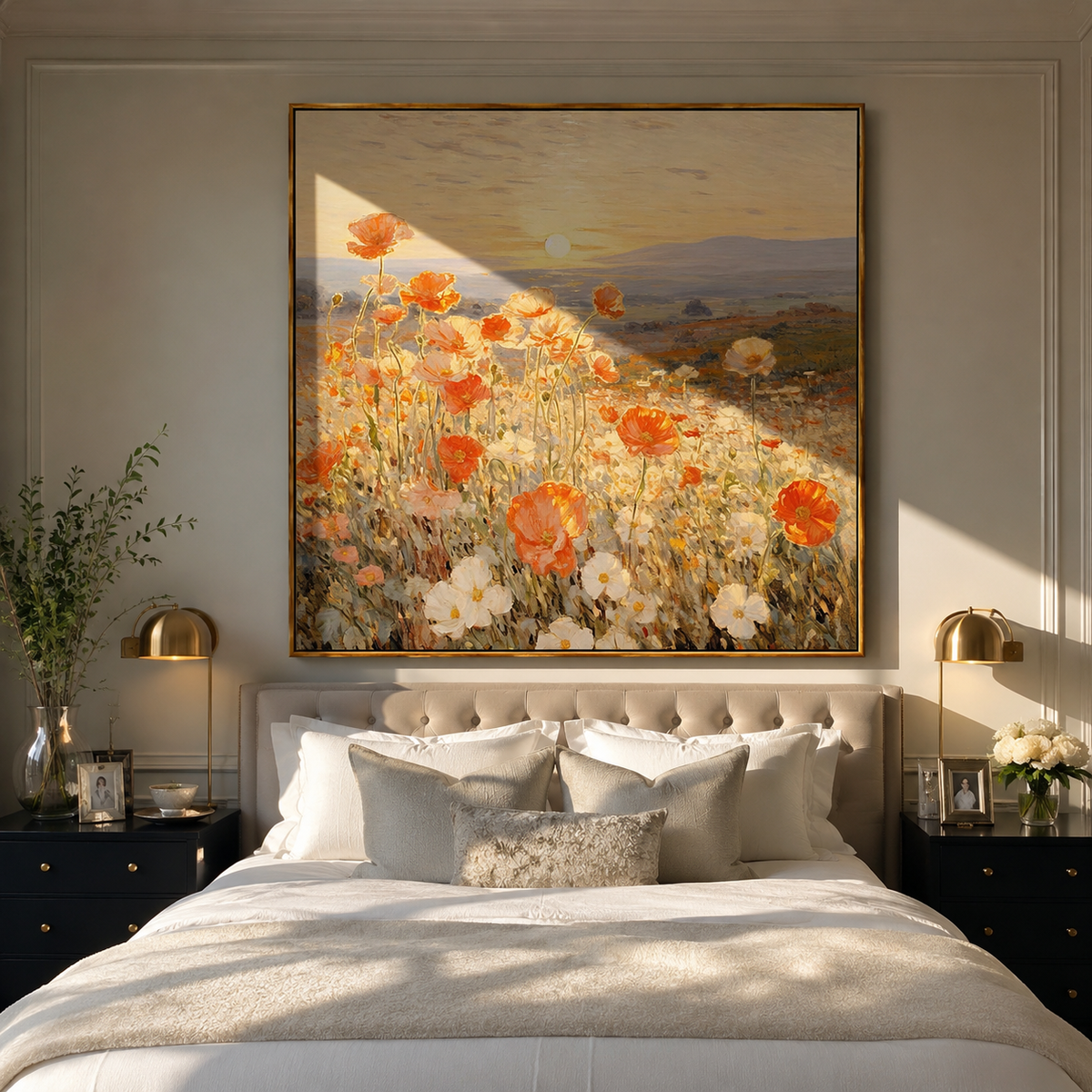 Orange Flowers Mark Distance styled with neutral modern furnishings