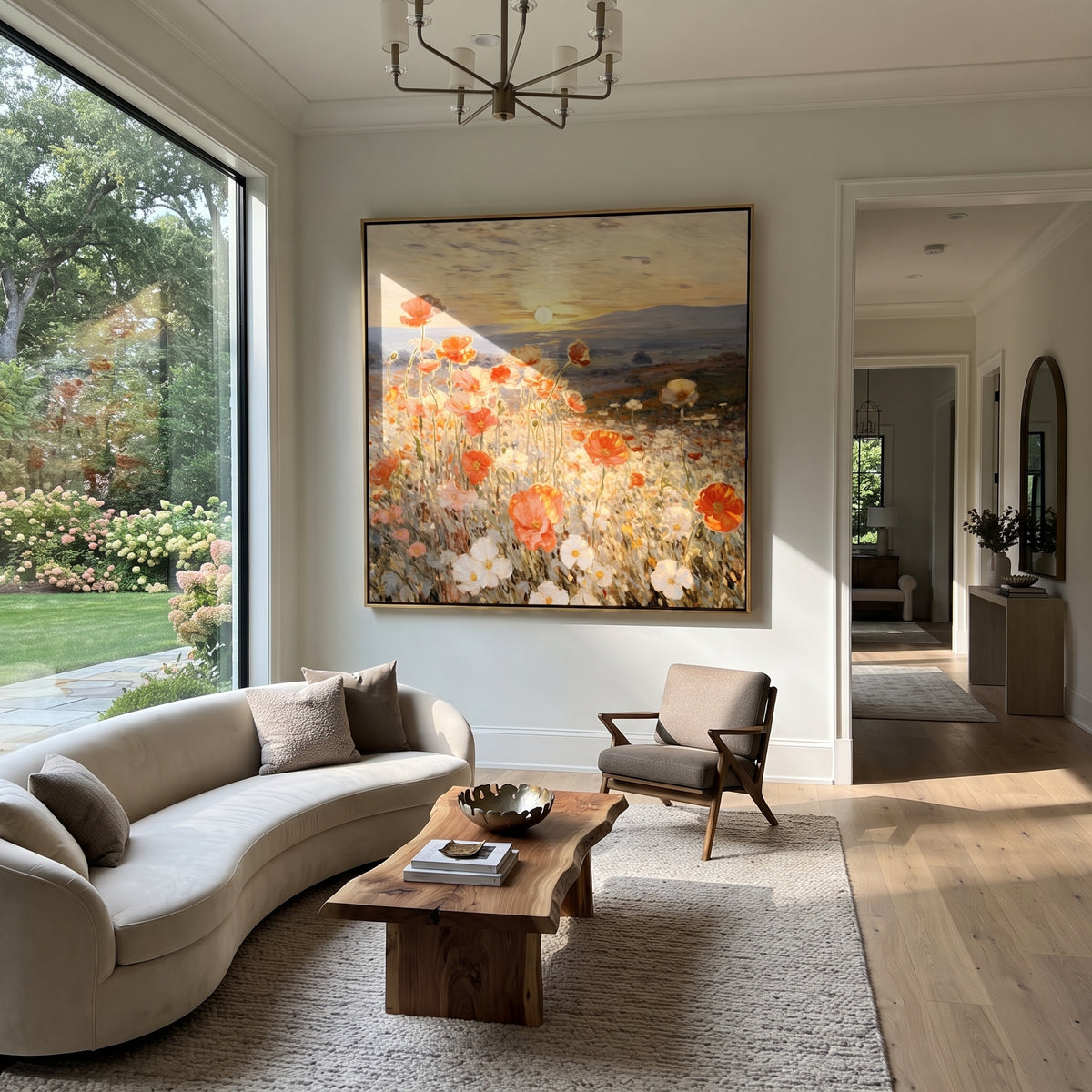Orange Flowers Mark Distance presented above a contemporary console