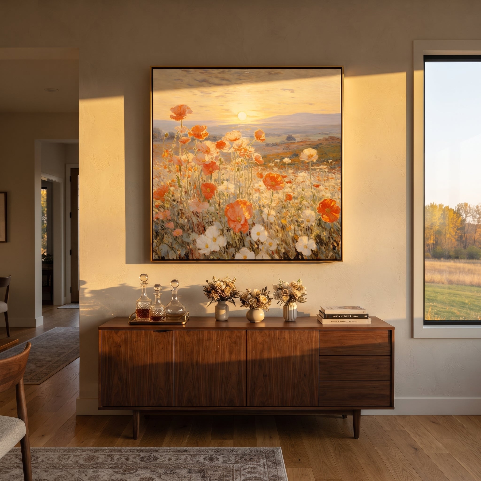 Orange Flowers Mark Distance displayed as a Retro Modern room focal point