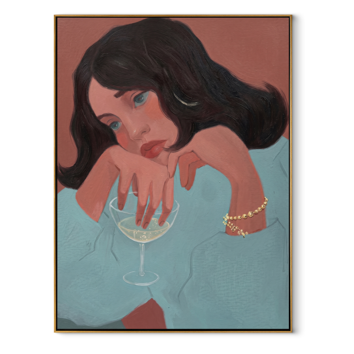 Teal Sleeve Holds Thought textured figurative painting, vertical canvas artwork