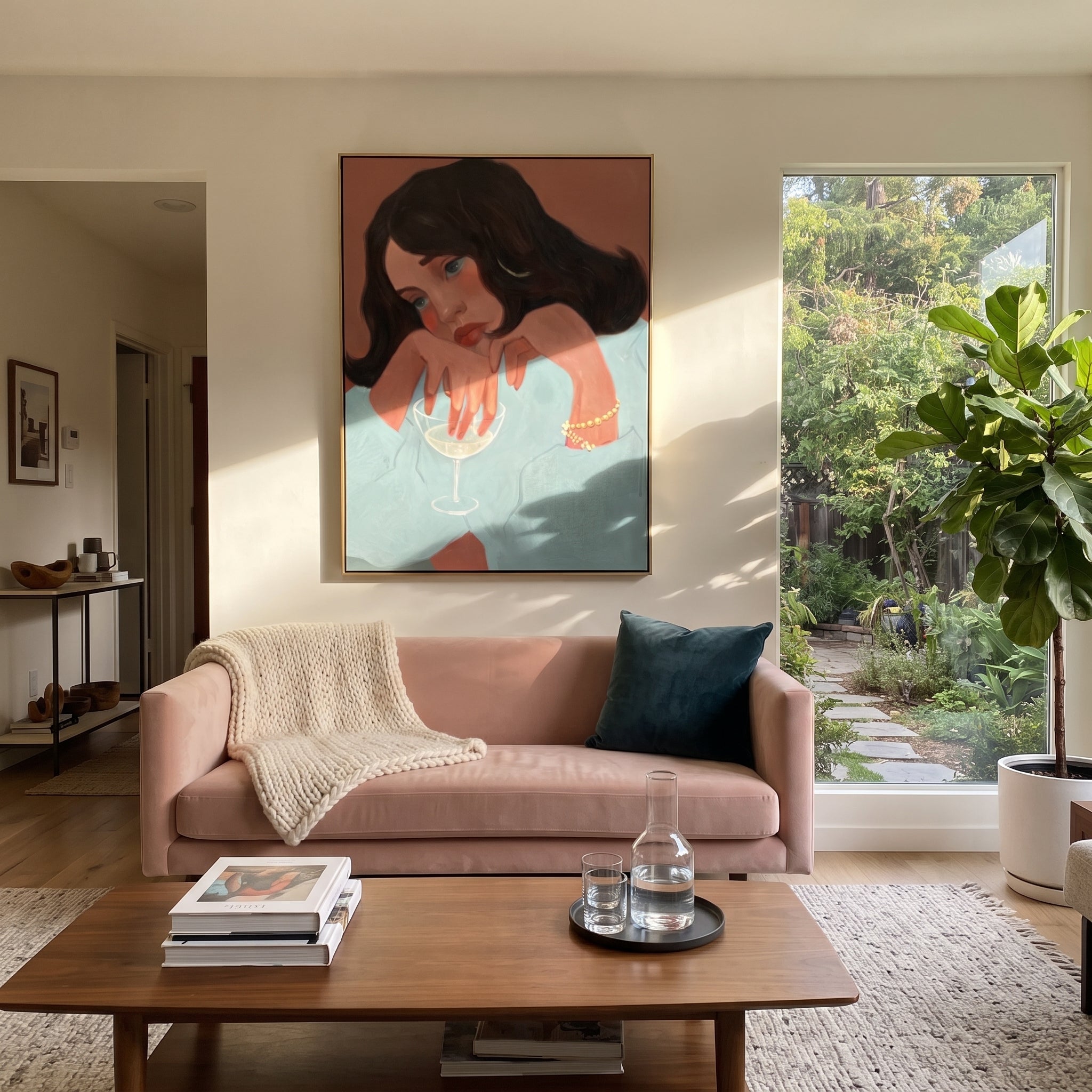 Teal Sleeve Holds Thought presented above a contemporary console