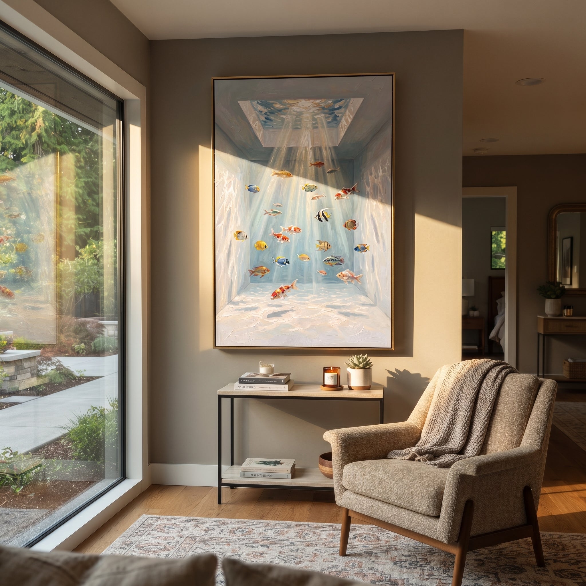 Blue Rain Returns Softly displayed as a Retro Modern room focal point