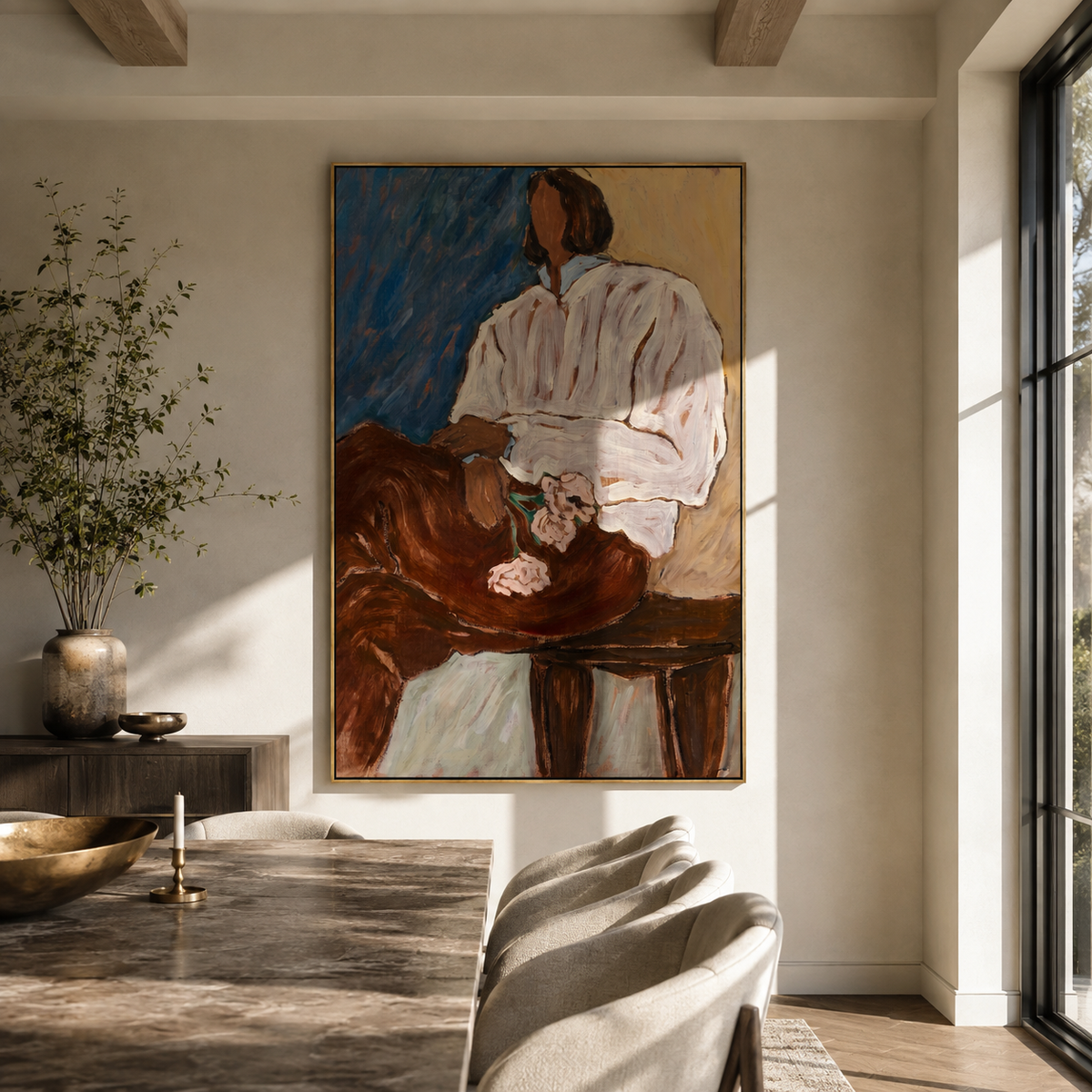 Striped Chair Faces Shadow displayed in a warm contemporary interior