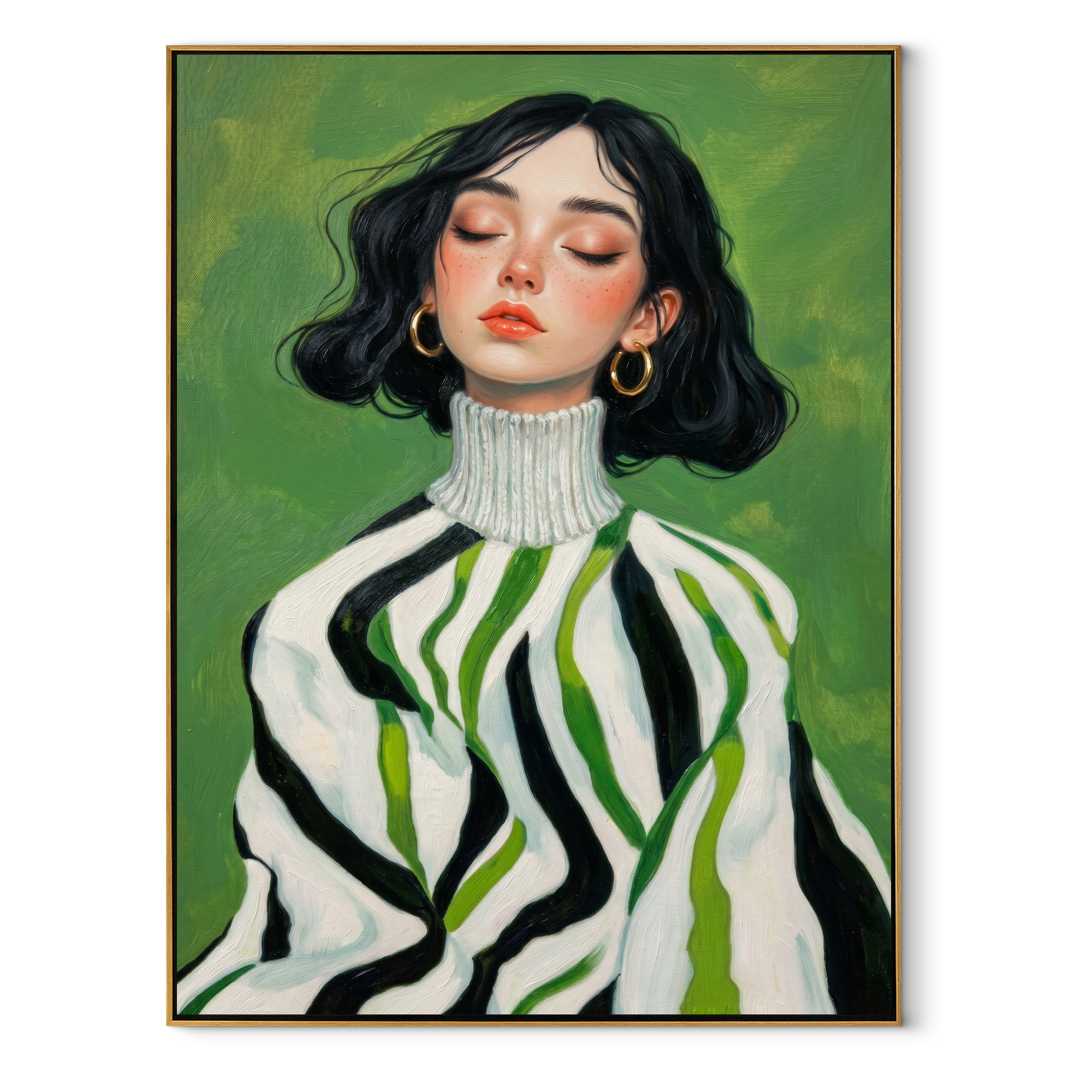 Green Stripes Frame Her textured figurative painting, vertical canvas artwork
