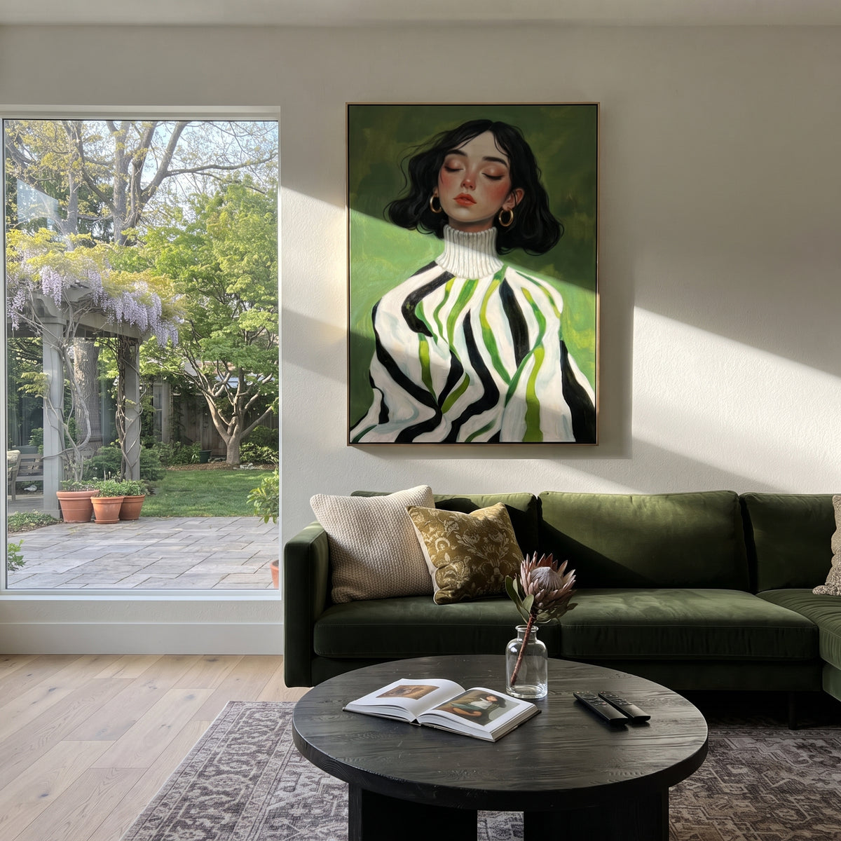 Green Stripes Frame Her presented above a contemporary console