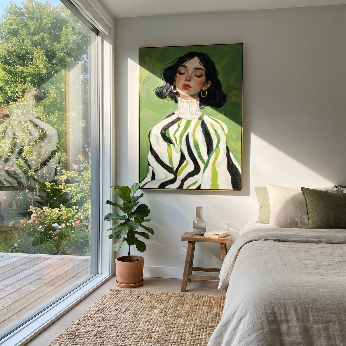 Green Stripes Frame Her displayed as a Retro Modern room focal point