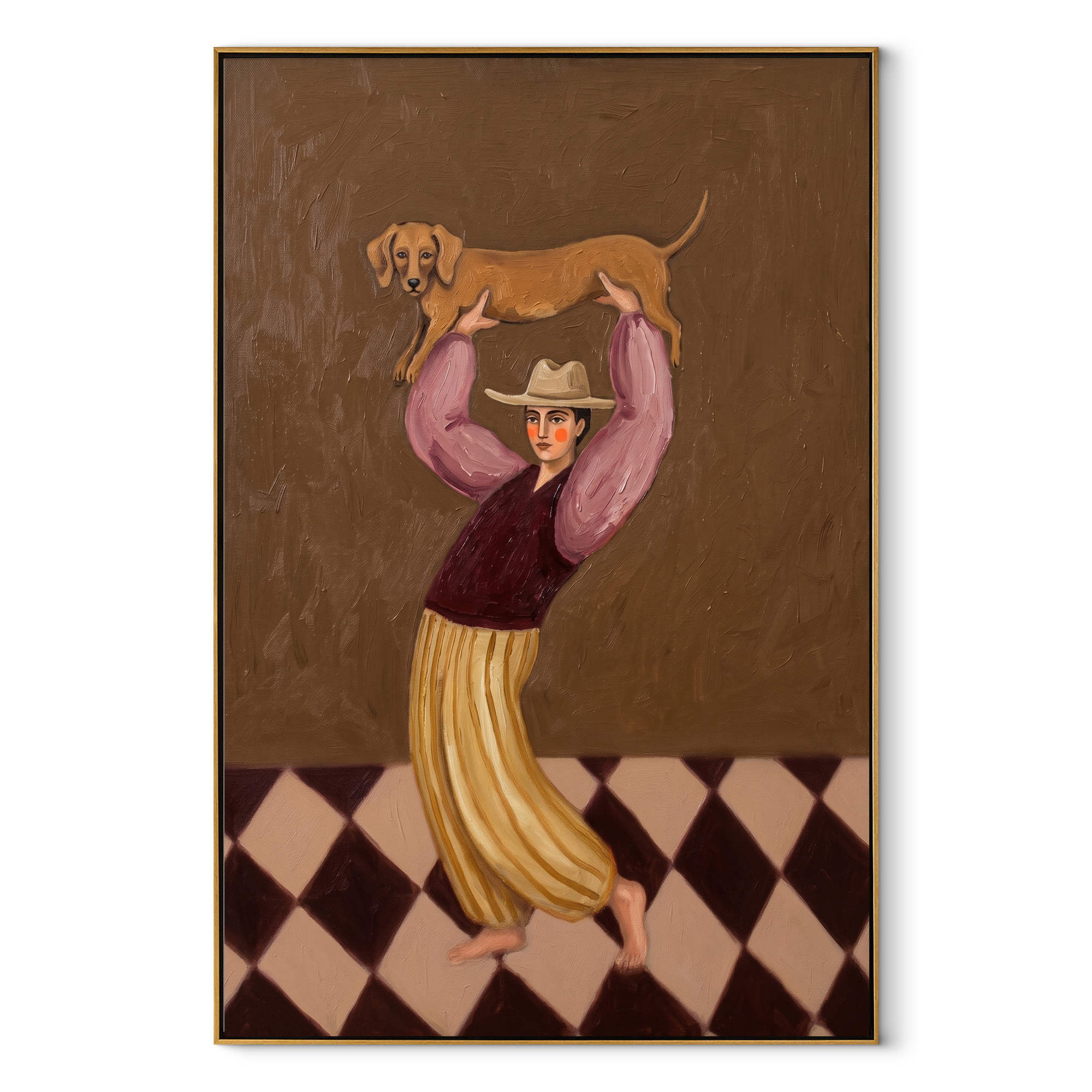 Dog Rises Above Dance textured figurative painting, vertical canvas artwork
