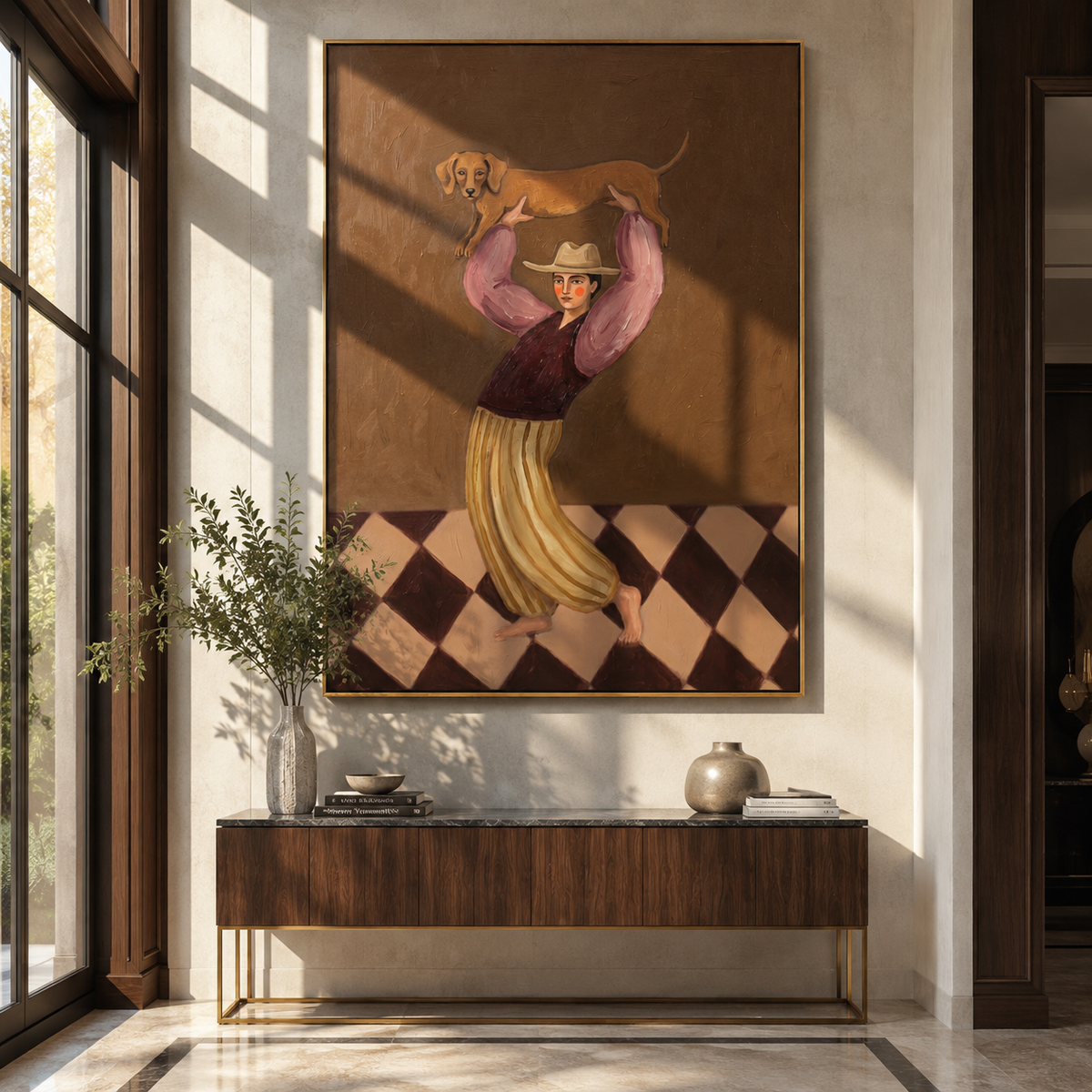 Dog Rises Above Dance styled with neutral modern furnishings