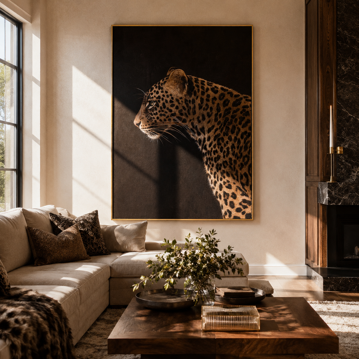 Leopard Watches Black Field displayed in a warm contemporary interior