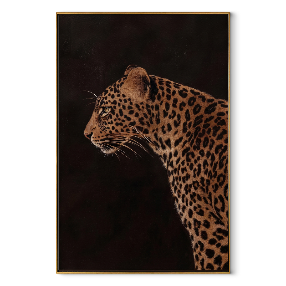 Leopard Watches Black Field textured figurative painting, vertical canvas artwork