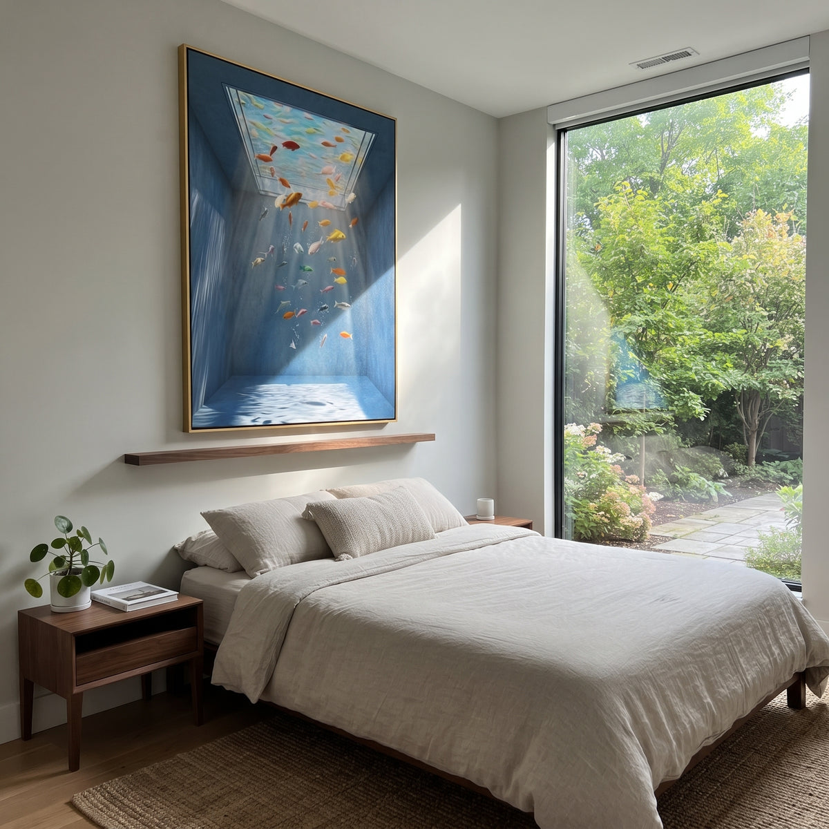 Cobalt Rain Finds Color presented above a contemporary console