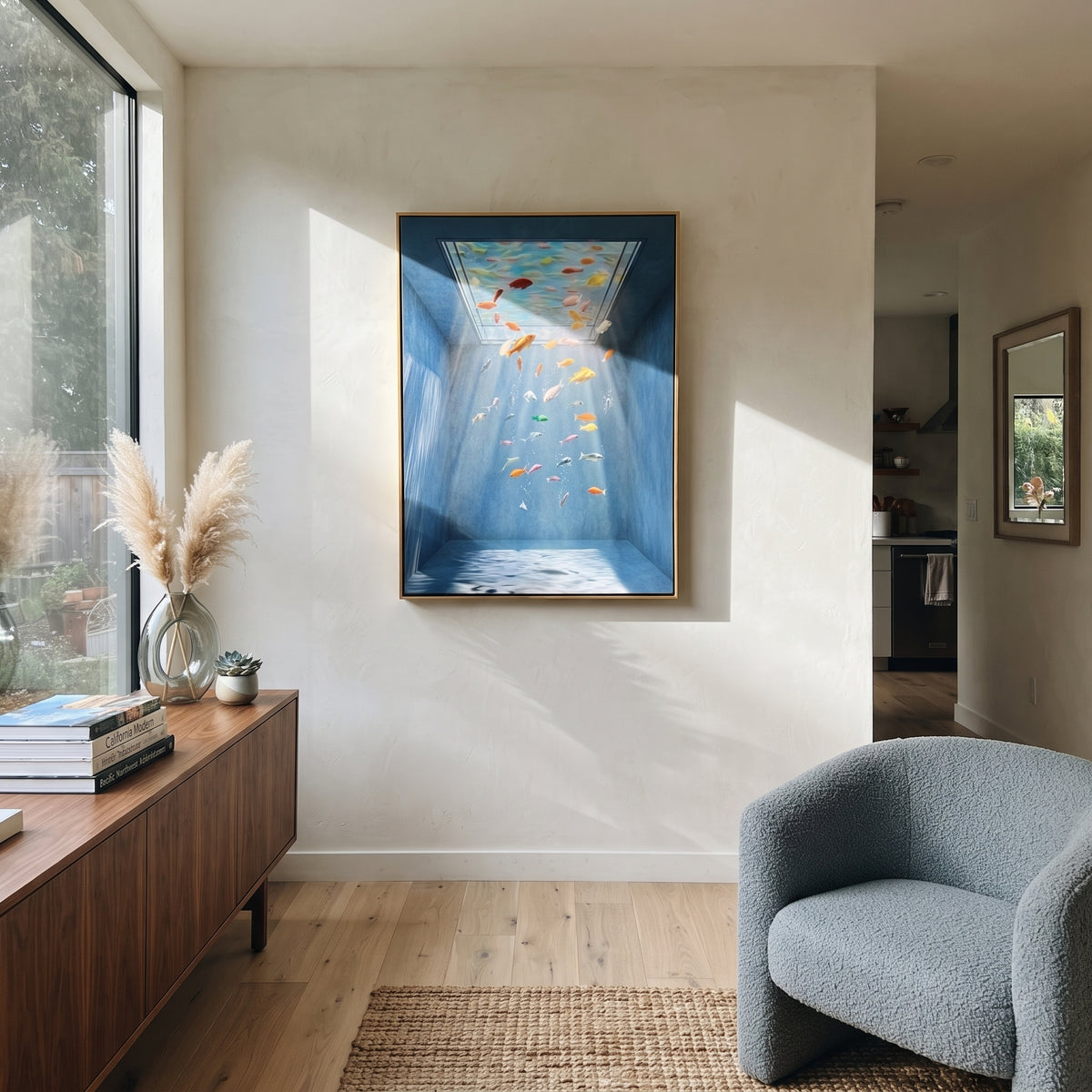 Cobalt Rain Finds Color displayed as a Retro Modern room focal point