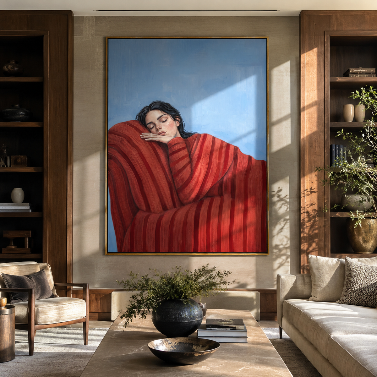 Red Coat Holds Winter displayed in a warm contemporary interior