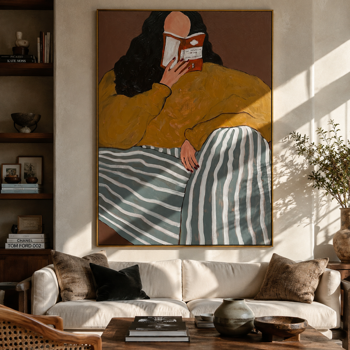 Mustard Sweater Keeps Rest styled with neutral modern furnishings