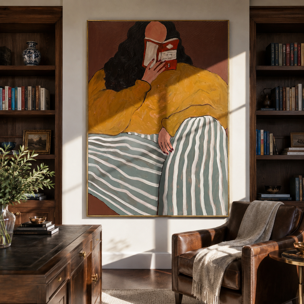 Mustard Sweater Keeps Rest presented above a contemporary console