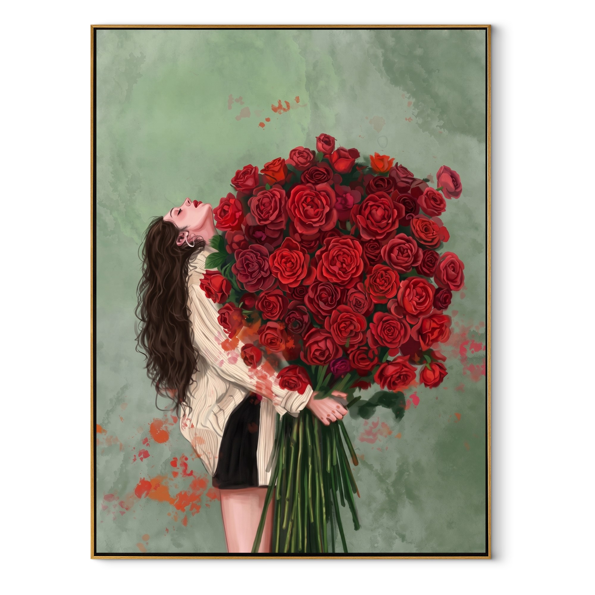 Red Roses Hide Noon textured figurative painting, vertical canvas artwork