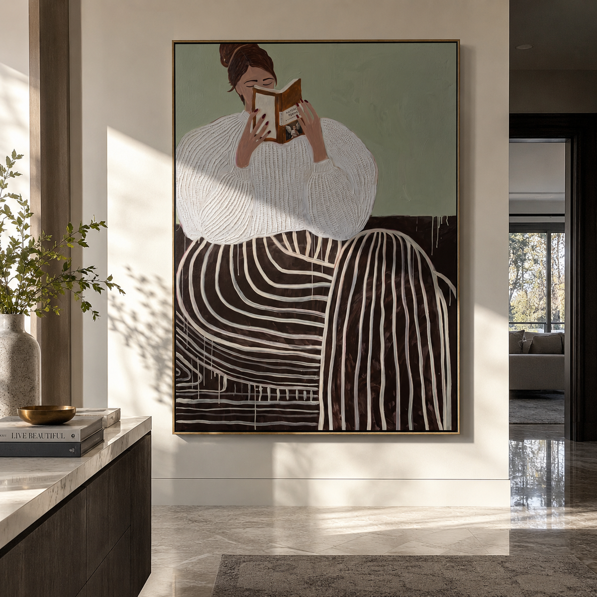 Striped Skirt Holds Pages styled with neutral modern furnishings
