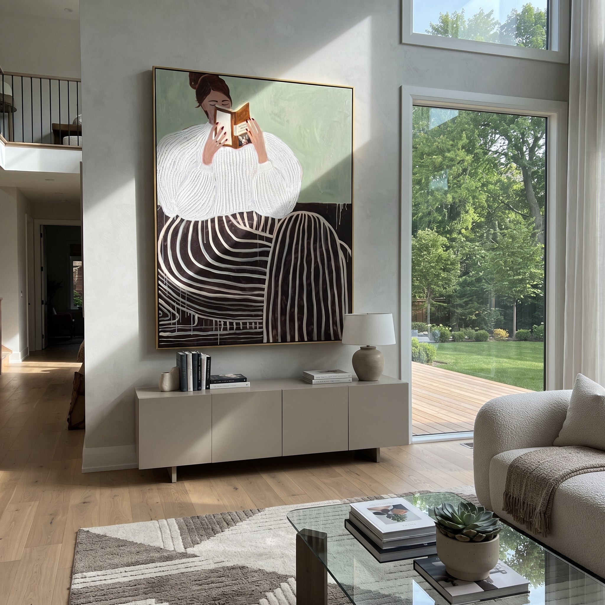 Striped Skirt Holds Pages presented above a contemporary console