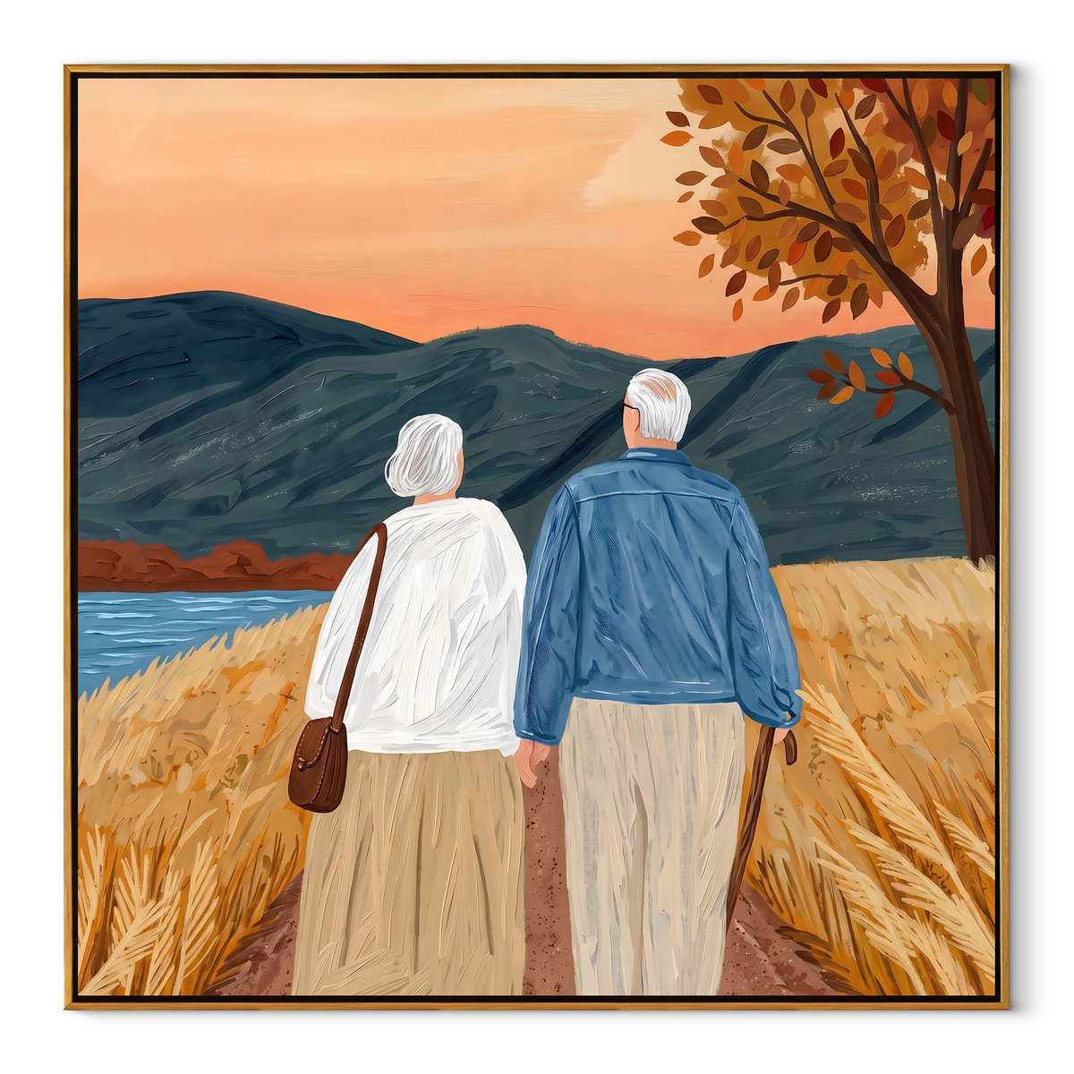 Two Walk Beyond Trees textured figurative painting, square canvas artwork