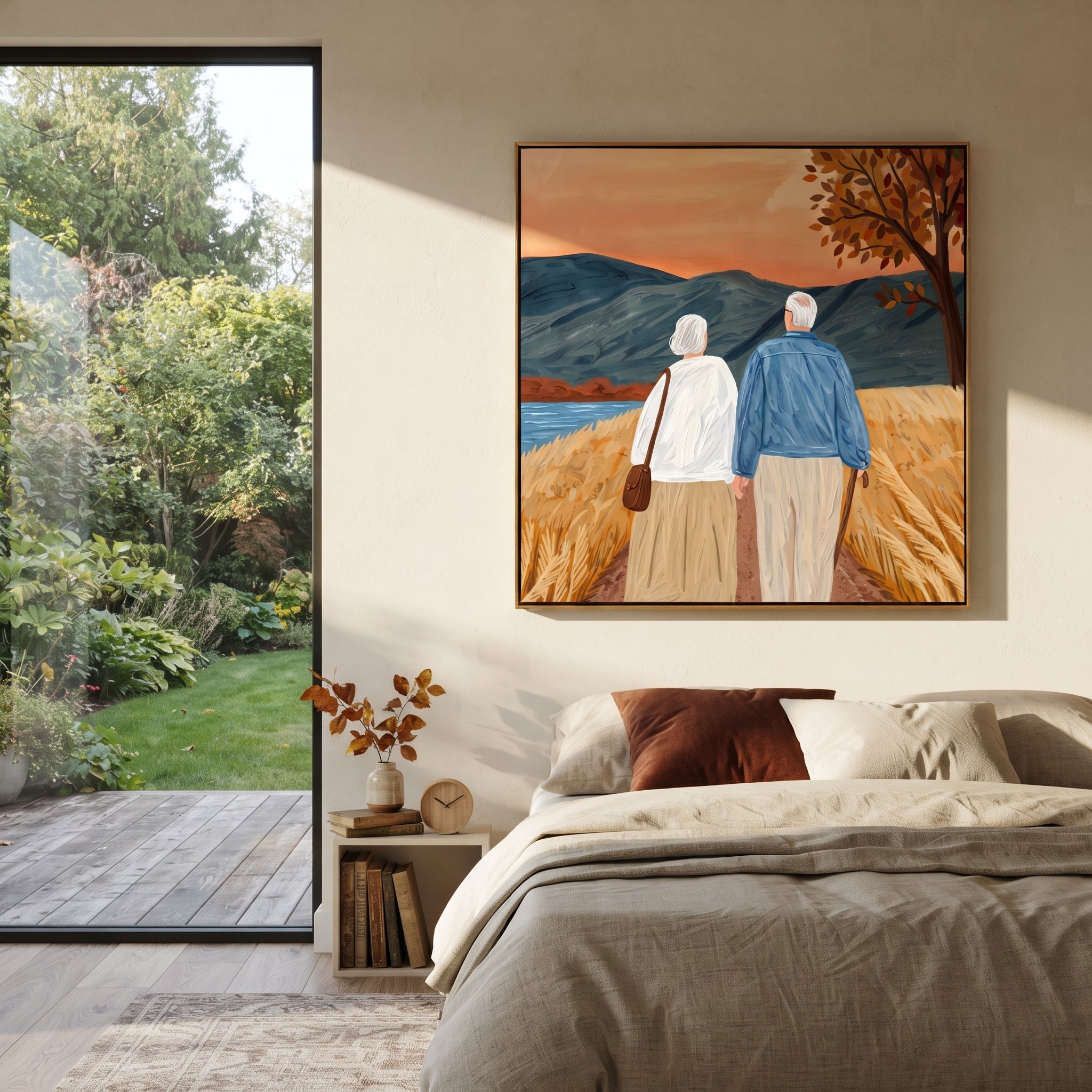 Two Walk Beyond Trees presented above a contemporary console