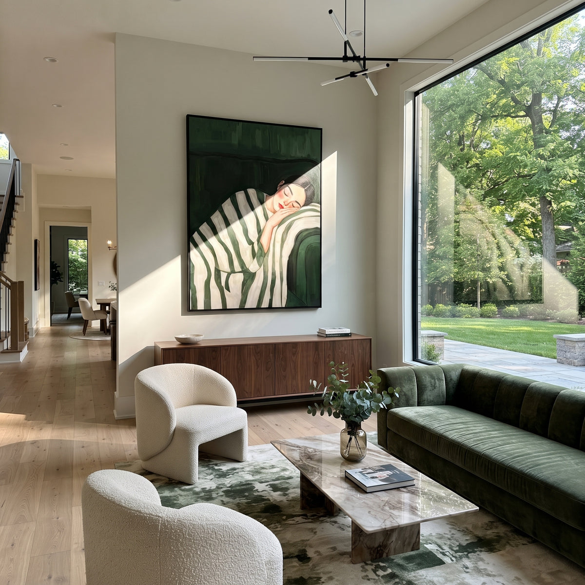 Green Stripes Shelter Sleep styled with neutral modern furnishings