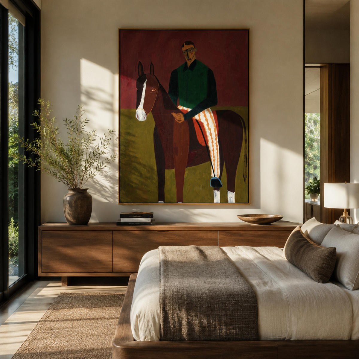 Horse Waits Beside Burgundy displayed in a warm contemporary interior