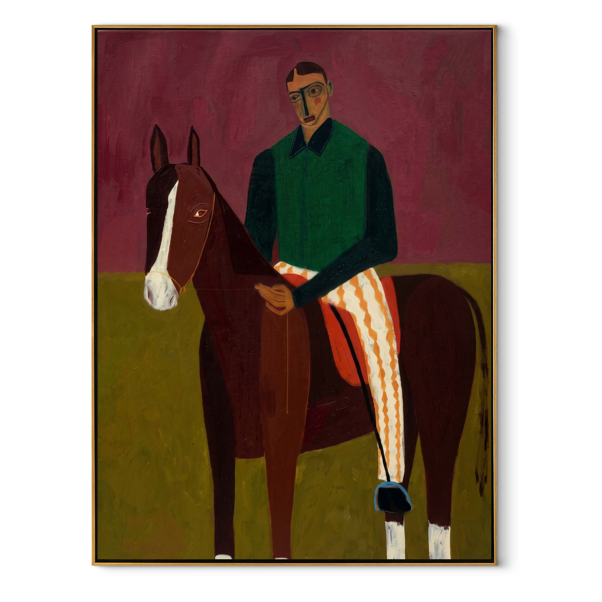 Horse Waits Beside Burgundy textured figurative painting, vertical canvas artwork
