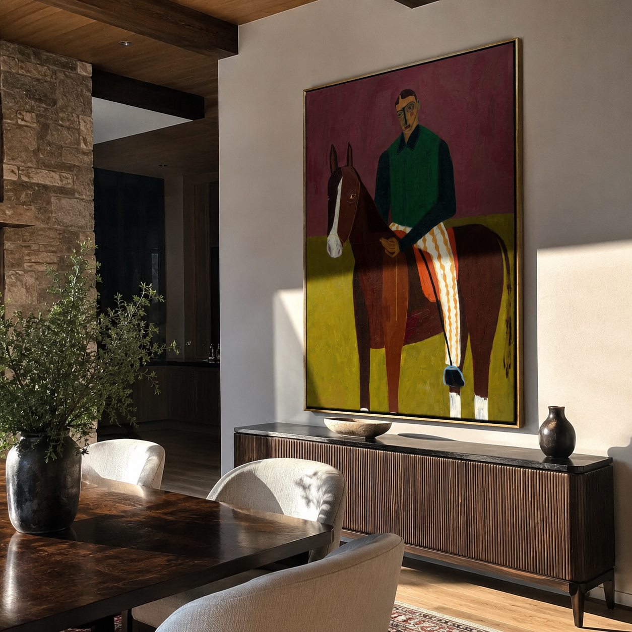 Horse Waits Beside Burgundy presented above a contemporary console