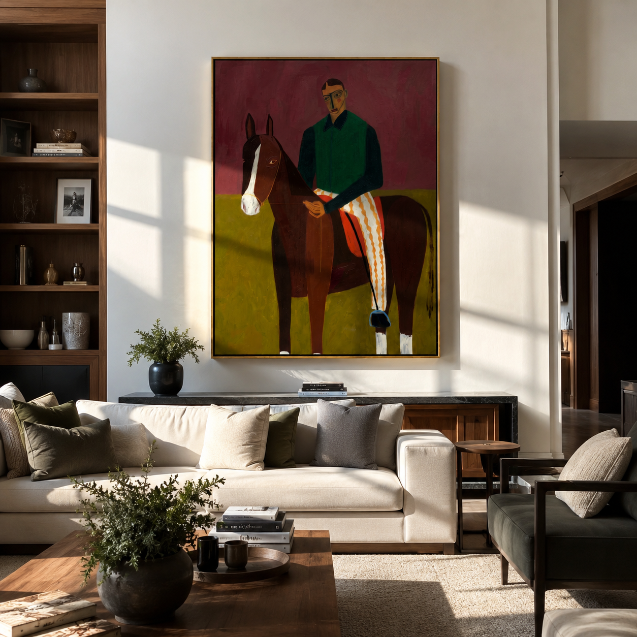 Horse Waits Beside Burgundy displayed as a Retro Modern room focal point