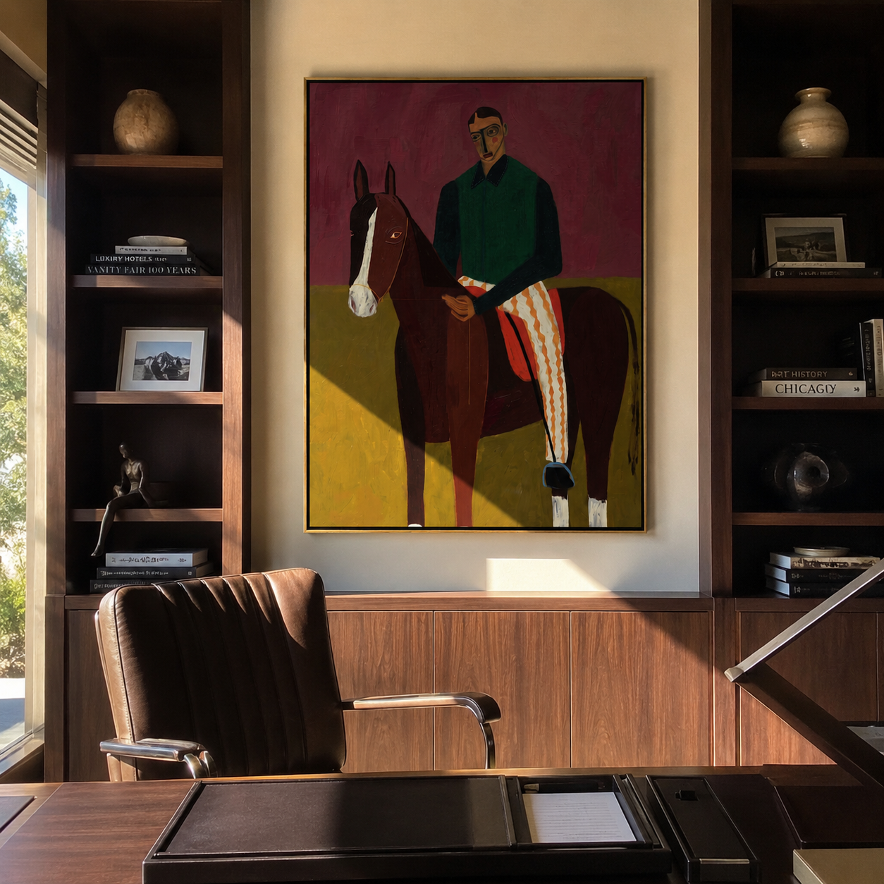Horse Waits Beside Burgundy styled in a layered residential interior
