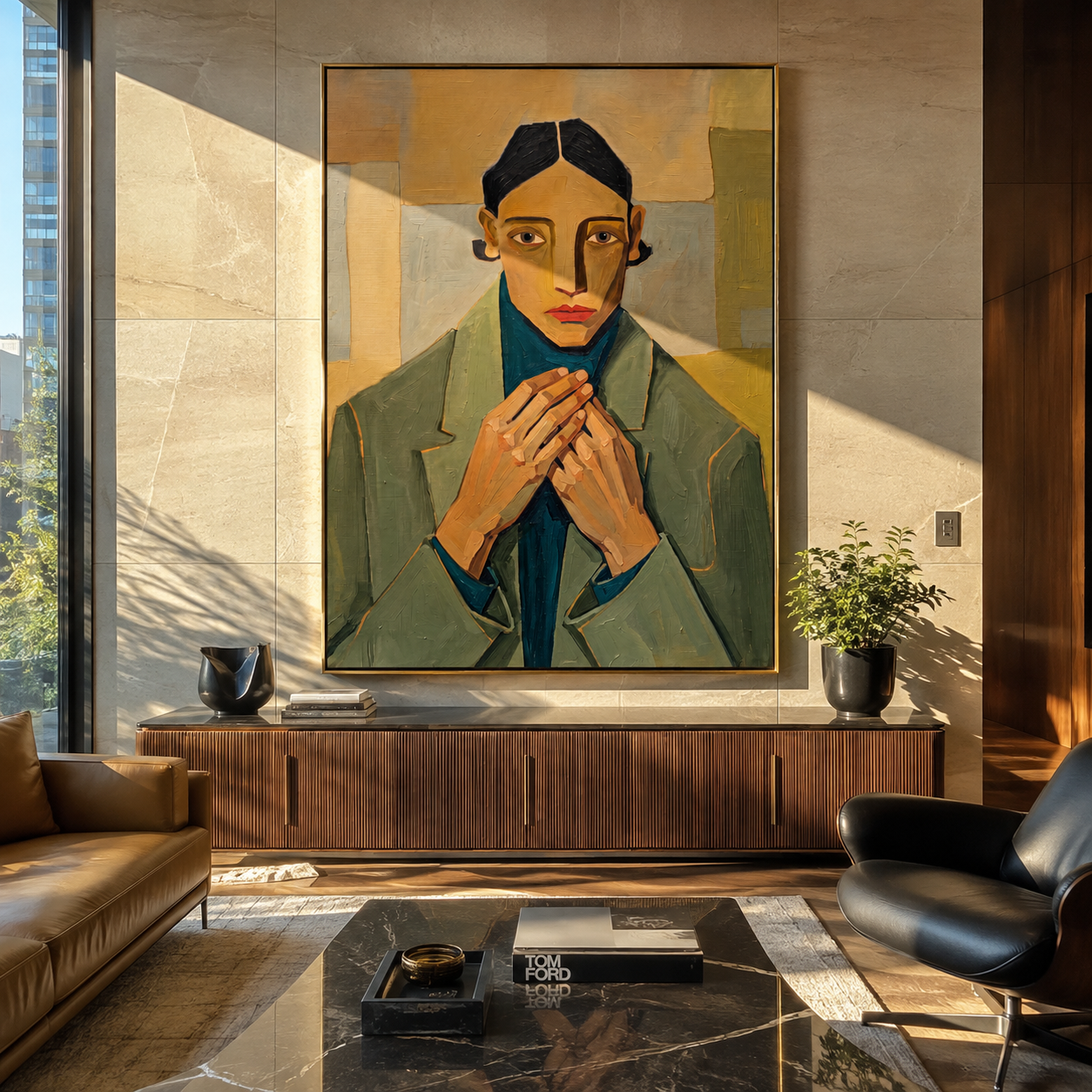Green Suit Holds Patience displayed in a warm contemporary interior