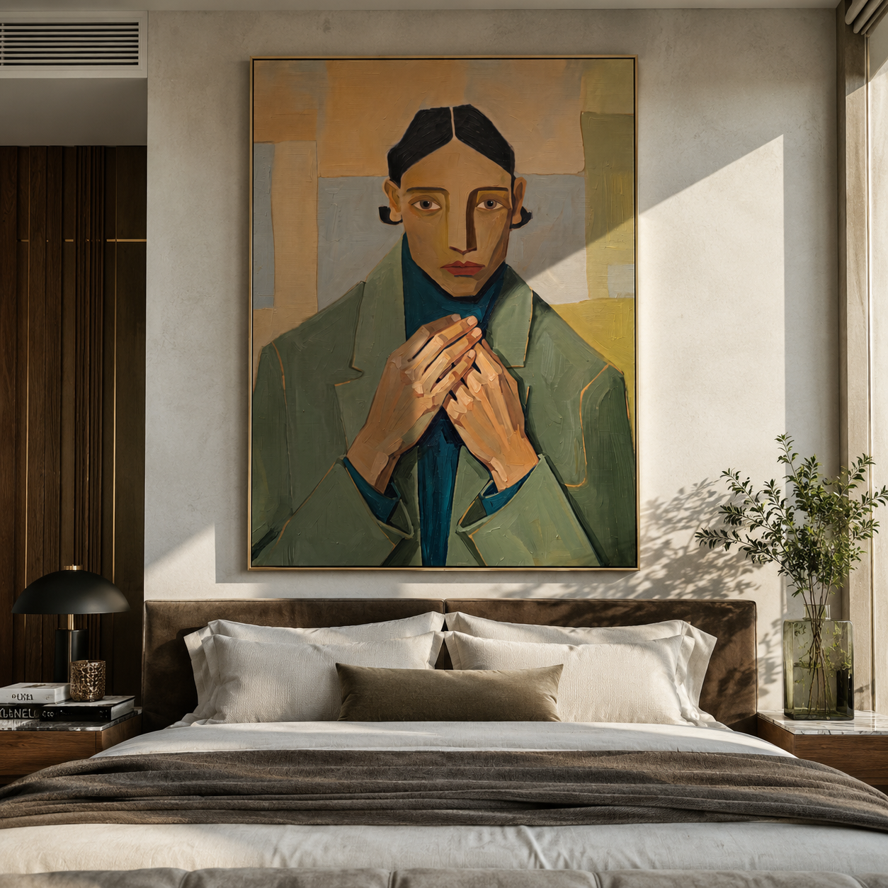Green Suit Holds Patience styled with neutral modern furnishings