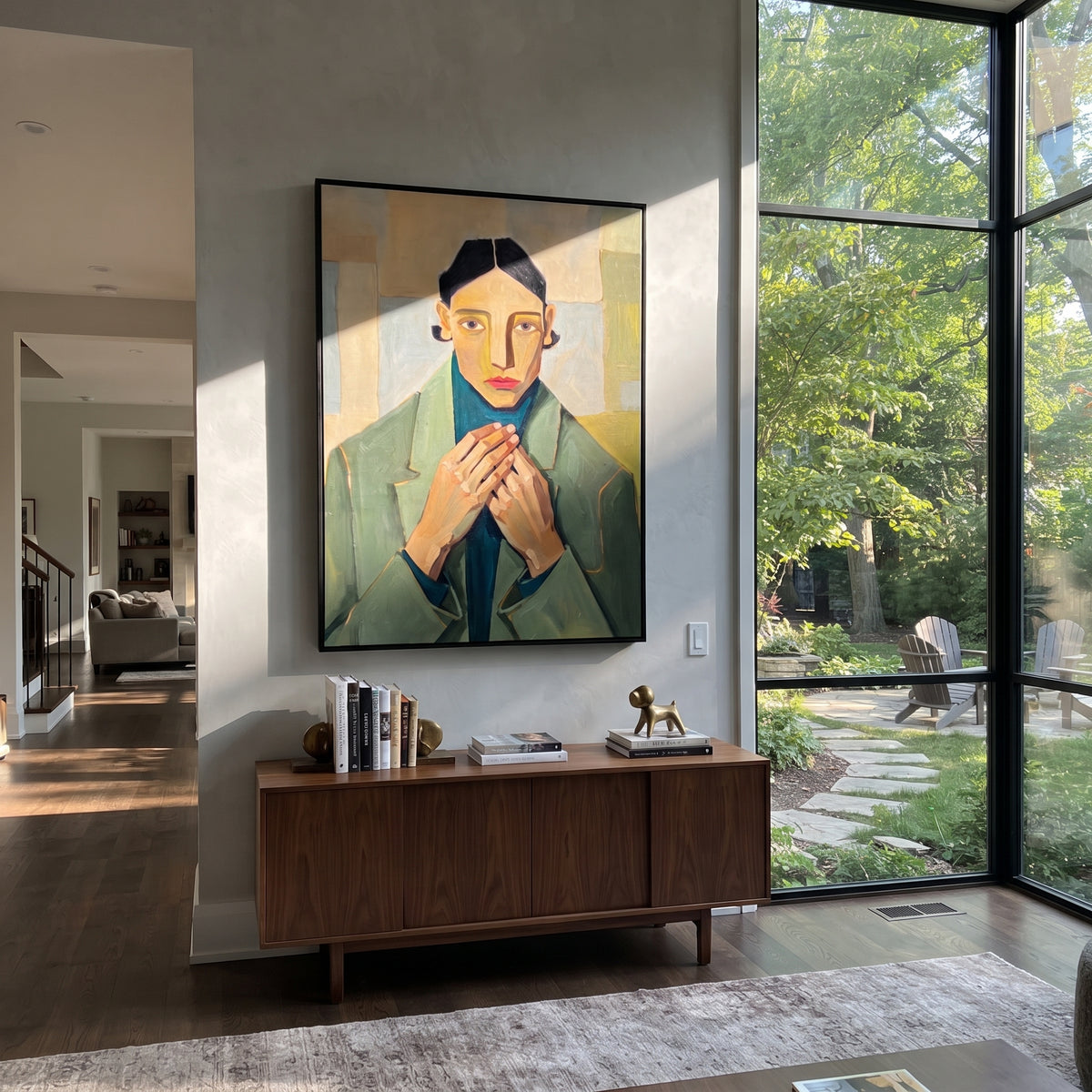 Green Suit Holds Patience displayed as a Retro Modern room focal point