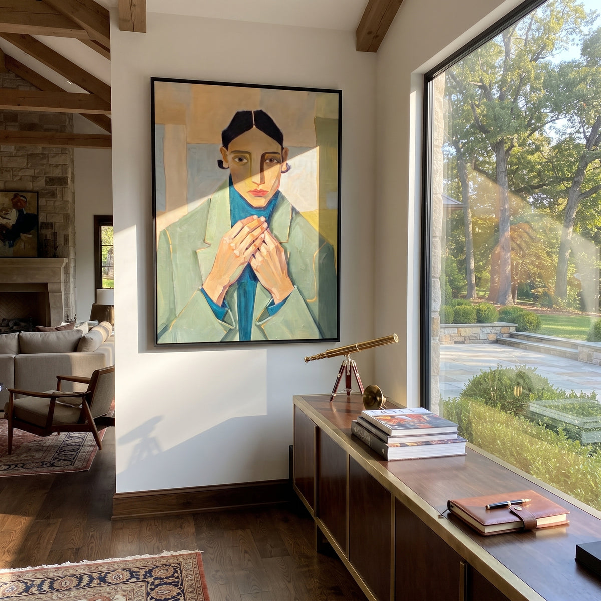 Green Suit Holds Patience styled in a layered residential interior