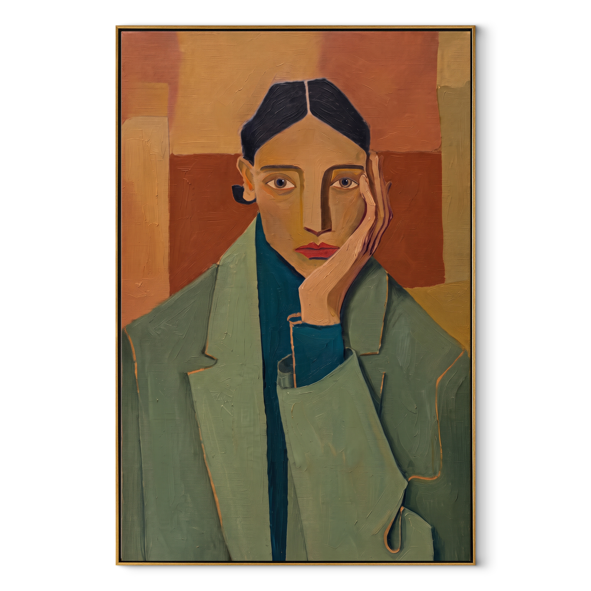 Blue Jacket Meets Rust textured figurative painting, vertical canvas artwork