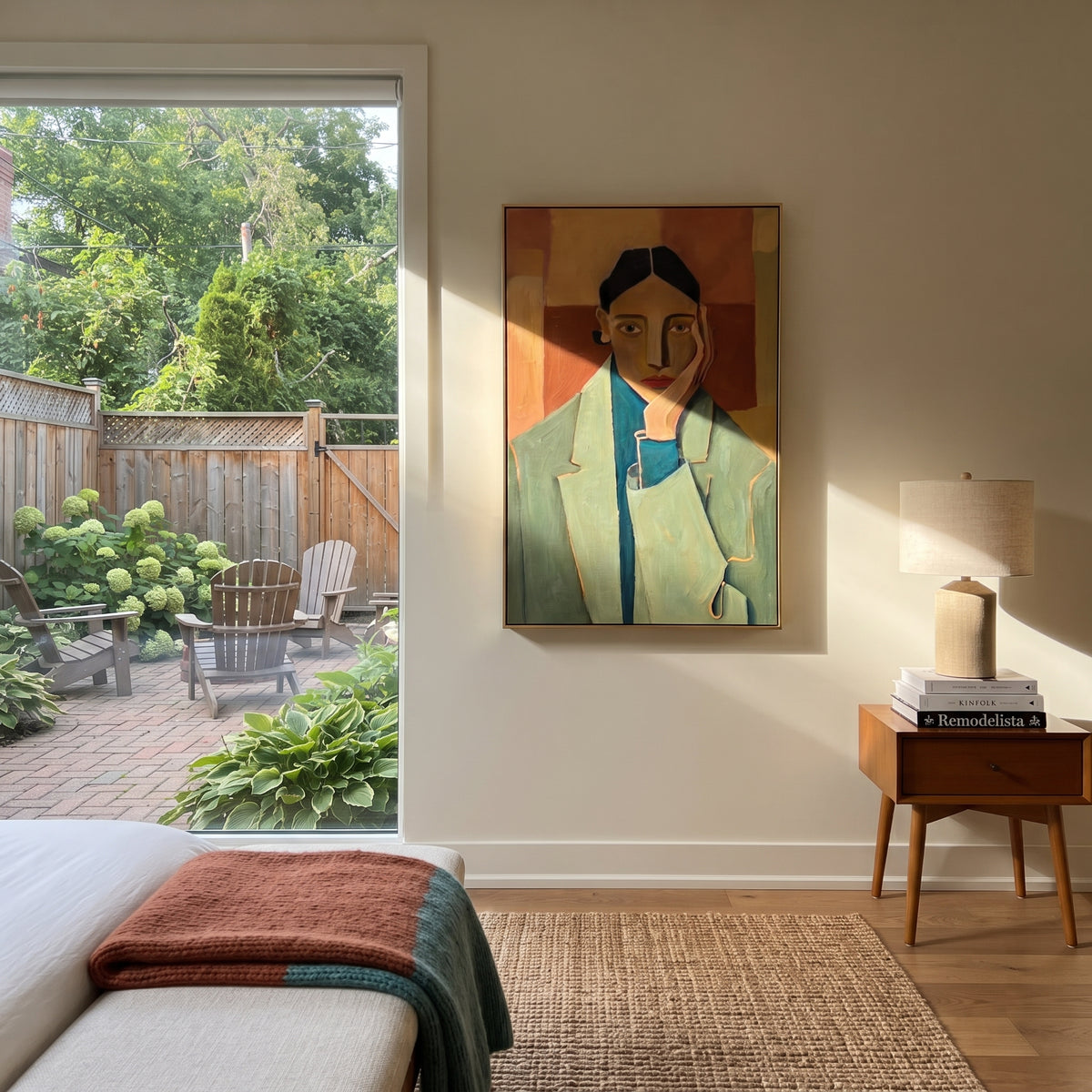 Blue Jacket Meets Rust styled with neutral modern furnishings