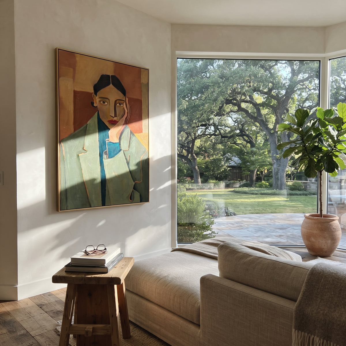 Blue Jacket Meets Rust presented above a contemporary console