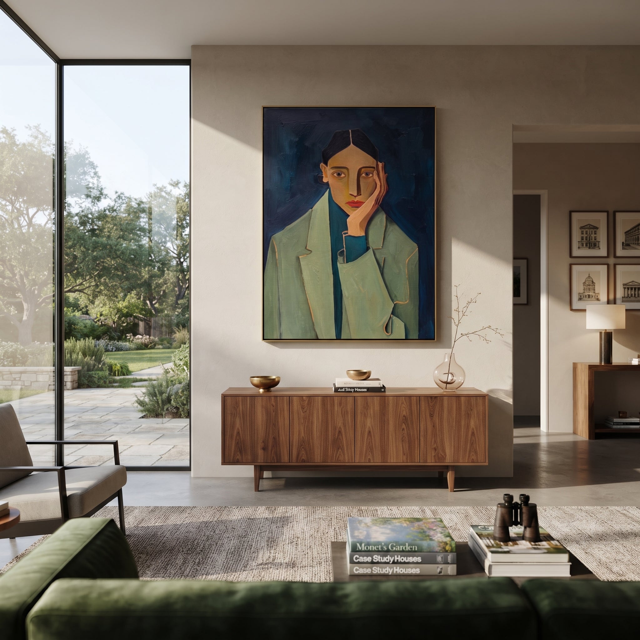 Blue Room Holds Gaze displayed in a warm contemporary interior