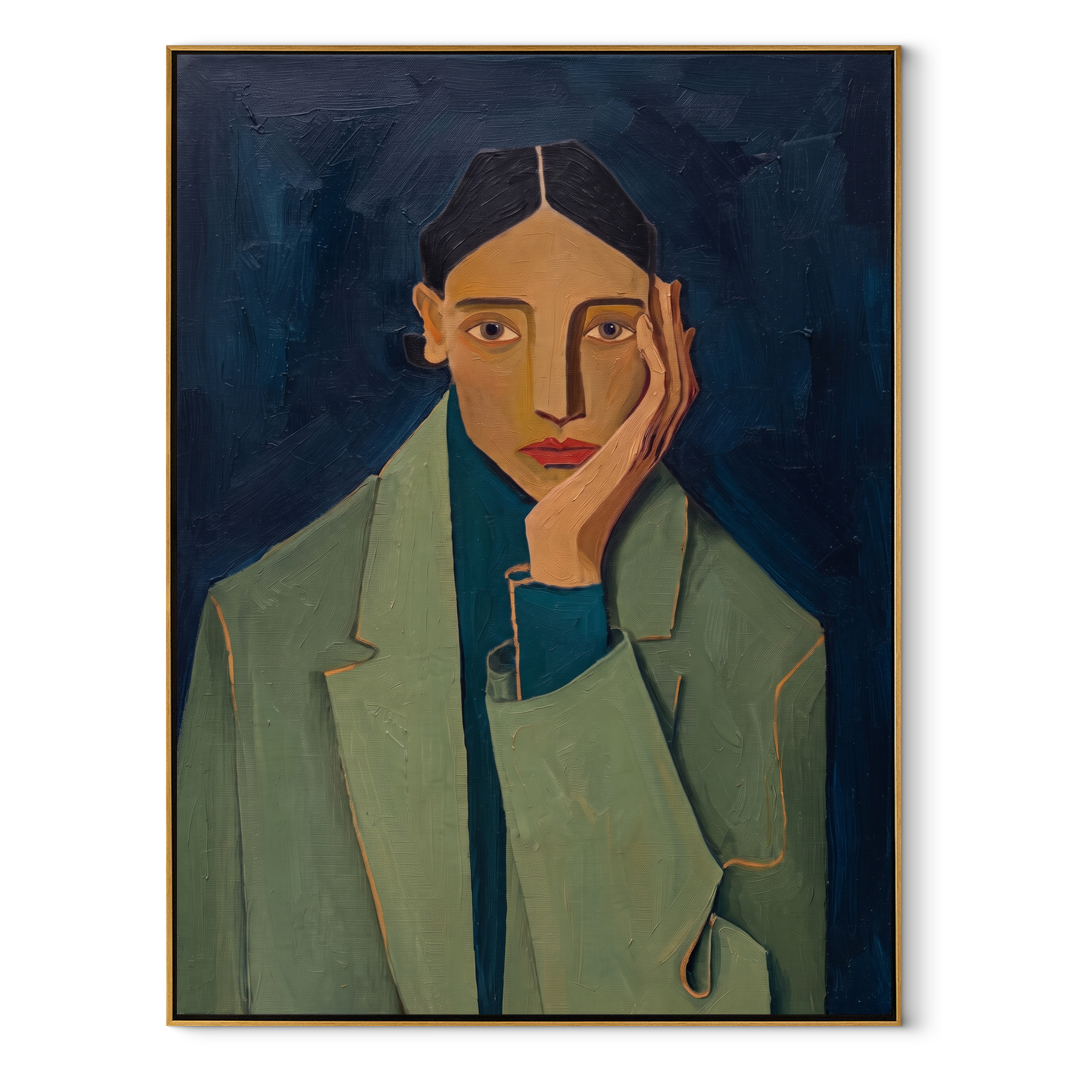 Blue Room Holds Gaze textured figurative painting, vertical canvas artwork