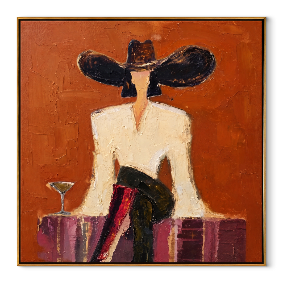 Black Brim Frames Morning textured figurative painting, square canvas artwork
